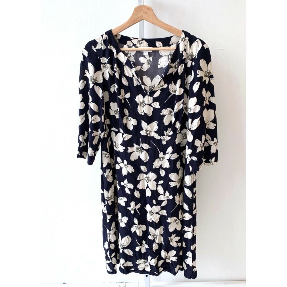 J. JILL Petite S PS Floral Print Dress 3/4 Sleeve V-Neck Knee Length Rayon Navy